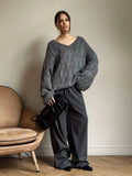 Women's Cable Knit Sweater V Neck Long Sleeve Oversized Loose Chunky Twist Pullover Tops Casual Autumn Retro Commute Top