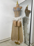 Women Sexy Straplss Crystals Diamonds Feather Luxury Party Dress Designer Mesh Transparent Performance Stage Outfit