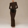 Elegant Style Pencil Dresses for Women O Neck Shoulder Pud Long Sleeve High Waist Pleated Slim Maxi Dress Female