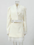 White Ruffle Stand Collar Peplum Skirt Set Romantic High Neck Long Sleeve Slim Co-ord 2026 Spring Wedding Dating Party Outfit