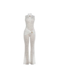 Sexy Jumpsuit Woman Metal Knot Patchwork Jacquard Ruched Waist Stretch Skinny Midnight Workout Streetwear Overalls