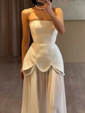 Evening Patchwork Ribbon Dress for Women Strapless Spliced Pearls Decoration Slim Fairy Mesh Maxi Dresses Female