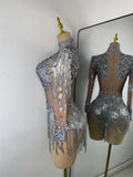 Sparkly Crystal Diamond Sexy Sheer See Through Shining Tassels Dress Long Sleeve Prom Dress Birthday Party Performance Dress