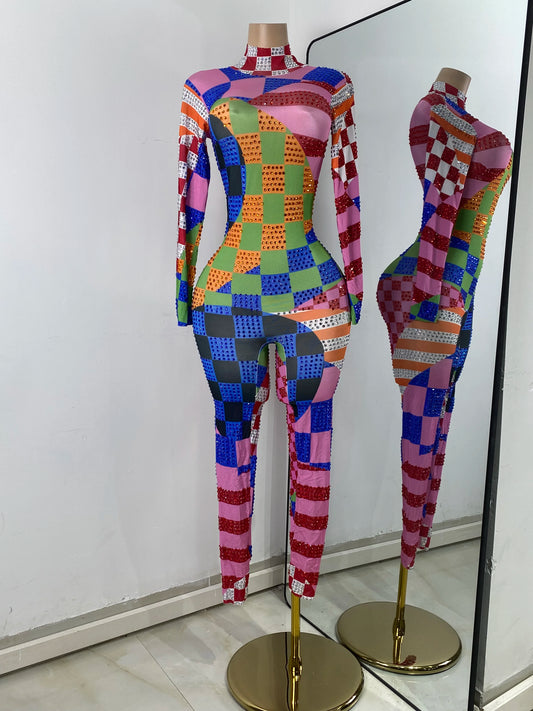Colorful Printed Rhinestones Jumpsuit for Women Sexy Long Sleeve Spandex Performance Dance Costume Stage Singer Rompers
