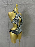 Gold Luxurious Black Bodysuit Women Sexy Halter Neck Iridescent Crystal Embellished Cutout Outfit Stage Performance Costume