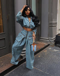 Denim Women's Set Ruched Long Sleeve Jacket and Pocket Front Loose Jeans Pants Two 2 Piece Sets Outfits Tracksuit