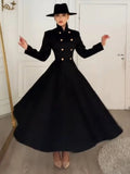 Elegant Stand Collar Metal Button Maxi Coat Lady Double Breasted Cinched Waist A-line Flared Overcoat Fall Date Party Outerwear