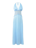 Luxurious Dinner Blue Halter Maxi Dress for Women Deep V Neck Spliced Sheer Lace Trim for Romantic Anniversaries