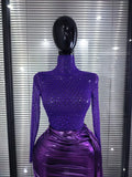 Purple Color Women Long Sleeve Shining Rhinestones Mesh See Through Bodycon Mini Dress Draped Celebrate Nightclub Party Outfit