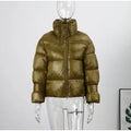 Stand Neck Glossy Surface Padded Cotton Short Coat Women Full Sleeve Thicken Pockets Jackets Coat Female Winter Chic Streetwear