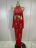 2025 Women Sparkly Diamonds Tassels Chain Balck Sexy Halter Backless Long Dress Evening Birthday Party Celebrate Stage Costume