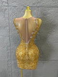 2026 New Sexy Fashion Gold Sparkly Dance Show Stage Costume Women Birthday Party Rhinestones Tassels Transparent Short Dress