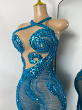 Women Sexy Sparkly Crystal Sequins Sleeveless Mesh See Through High Split Long Birthday Dress Dancer Performance Stage Costume