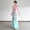 Printed Pink Green Elegant Cheongsam Dress Retro slim-fit Mesh Sleeveless Long Dress For Women Dance Qipao