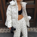 Women Floral Print Hooded Puffer Snow Suit Two Piece Outfit Thick Warm Winter Windproof Ski Jacket Wide Leg Pants Set Outdoor