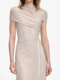Elegant Business Style Purple Sparkle Gown for Women Asymmetrical Neck Short Sleeves Ruched Waist Skirt for Wedding Toasts