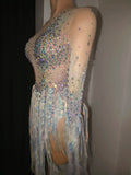 Sexy Sparkly Rhinestone Tassel Long Sleeves Mesh See Through Mini Dress 2026 Women Latin Dance Nightclub Party Club Stage Wear
