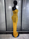 Sparkly Red Golden Big Crystal Women Strapless Mesh See Through Bodycon Long Maxi Dress Elegant Evening Party Cocktail Outfit