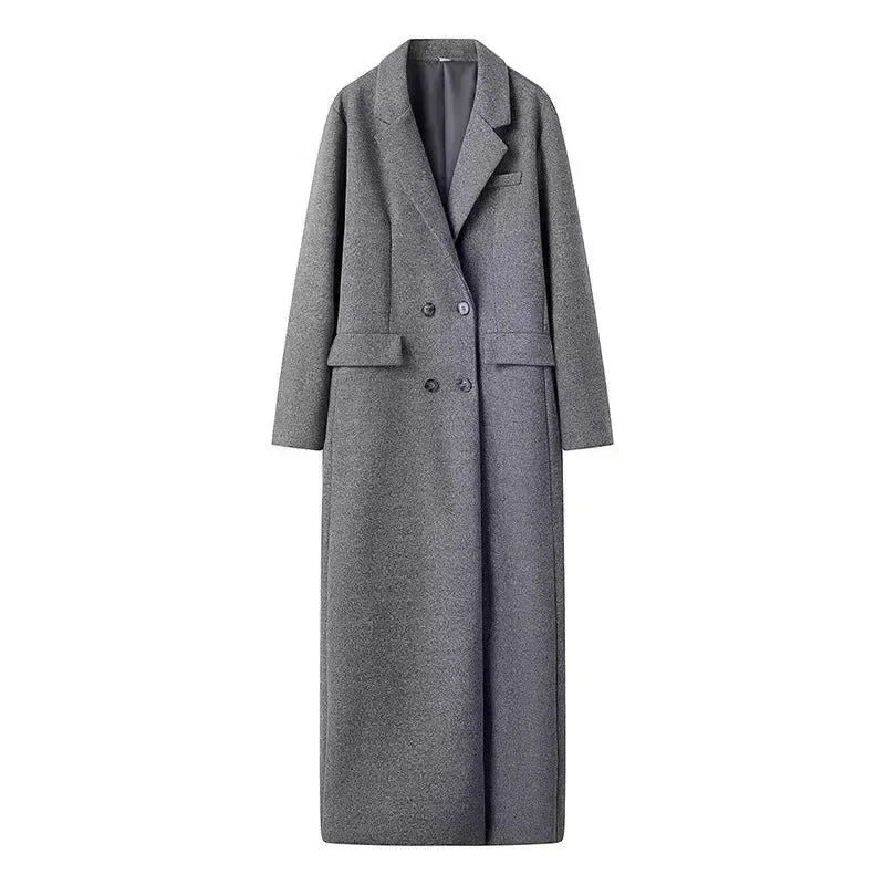 Grey Double-Breasted Long Coat with Notched Lapels