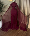 Burgundy High Neck Mesh Cape Sleeve Mermaid Gown Ruched Bodycon Long Dress Wedding Birthday Party Evening Party Dresses