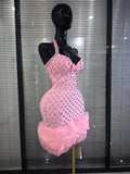 Pink Black Women Sexy Halter Off the Shoulder Sparkly Crystal Ruffles Bodycon Bandage Mini Dress Celebrate Evening Party Outfit