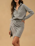 Casual Feather Knit Women Two Piece Set Lapel Collar Long Sleeve Top Short Skirt for Dating Daily Wear Fashion New
