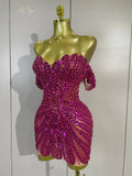 Women Birthday Party Nightclub Dancer Stage PhotoShoot Costume Sexy Sparkly Rhinestones Sequins Off The Shoulder Mesh Mini Dress