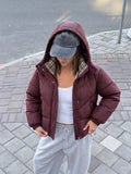 Casual Hooded Puffer Jacket Women Plaid Lining Drawstring Collar Quilted Warm Padded Elastic Cuff Coat Winter Oute Street Wear