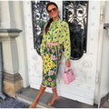 Bow Tie Neck Women Floral Print Set Long Puff Sleeve Cuff Trim Loose Blouse Vibrant Ethnic Midi Skirt Straight Hem Street Daily