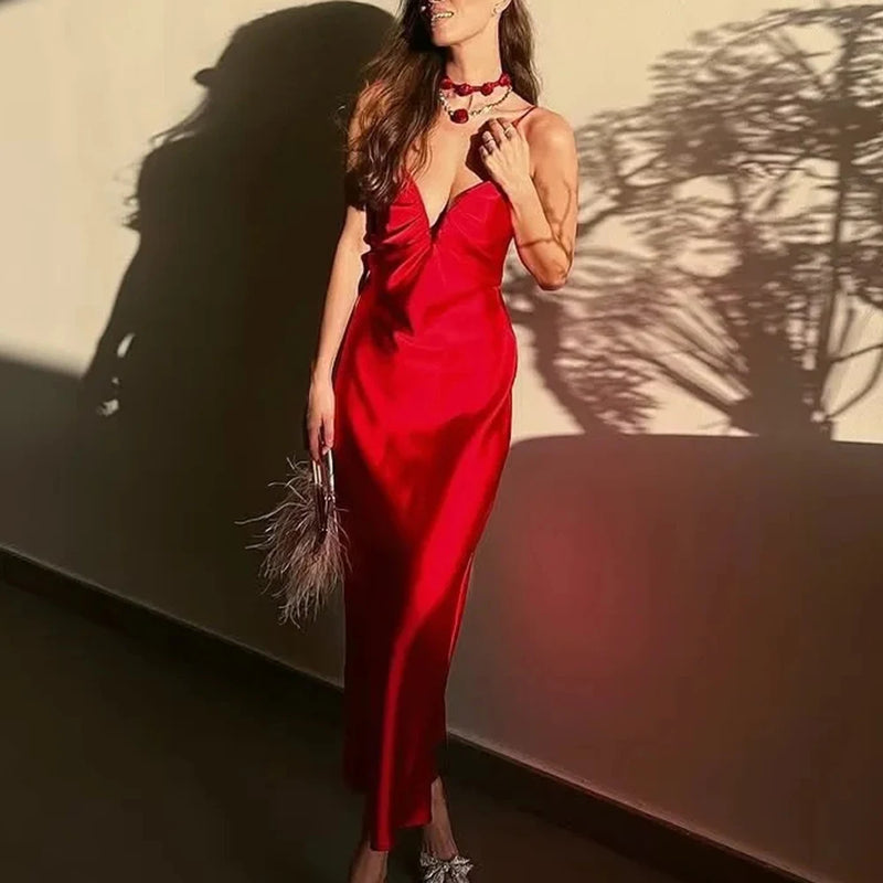 Solid Slimming Spliced Folds Dresses for Women V Neck Sleeveless High Waist Minimlist Suspender Dress Female