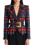 Femininos Elegantes Lapel Plaid Printed Autumn Winter Belt Slim Suit Jackets Female Office Blazer Coats Girls Chic Outfit