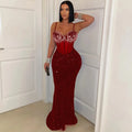 Women's Sheer Mesh Velvet Sequins Maxi Dress Sexy Straps Backless Sequins Maxi Dress Evening Gowns Sexy Birthday Outfits