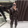 Women's Brown Faux Leather Pants Set Fashion Lapel Single Breasted Cropped Jacket Wide Leg Trouser Lady Autumn Chic Outfits