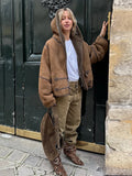 Brown Suede Shearling Lined Hooded Cropped Jacket Women's Bomber Coat  Warm Winter Outerwear Fashion High Street Lady Outfit