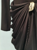 Sexy Evening Party Black Color Midi Dress for Women O Neck Long Sleeve Pachwork Metal Buckle Folds Bodycon Dresses Female