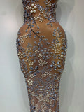 Women Lxury Diamonds Mesh See Through Long Dress Celebrity Elegant Evening Party Fancy Club Dress Singer Performance Costume