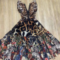 Bohemian Deep V Neck Ruffle Sleeve Maxi Dress Women Leopard Tropical Animal Floral Print Smocked Waist for Vacation Daily