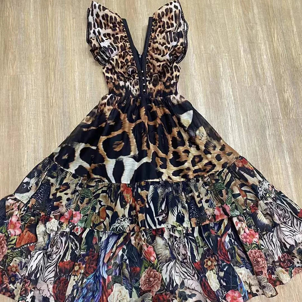 Bohemian Deep V Neck Ruffle Sleeve Maxi Dress Women Leopard Tropical Animal Floral Print Smocked Waist for Vacation Daily