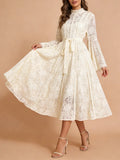 Elegant Vintage Green Lace Midi Dress for Women High Neck Sheert Flare Sleeve Belted Waist Desgin for Luxury Dinners Party