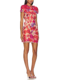 Colorblock Patchwork Flower Embroidery Dresses for Women O Neck Short Sleeve High Waist Bodycon Applique Style Dress Female