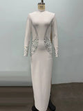 Elegant Women Diamond Celebrity Evening Bandage Maxi Dress White Long Sleeved Sexy Luxury Bodycon Cocktail Party Gown