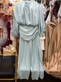 Satin Two Piece Set for Women Ruffle Mock Neck Long Lantern Sleeve Crop Top Pleated Wrap Wide Leg Pants for Vacation Daily