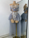 Sexy Top Skirt Mesh Designer Women's Outfit Two Pieces Backless Evening Party Birthday Dress Nightclub Stage Performance Costume