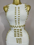 Women Celebrate Evening Prom Birthday Party Dress Vestido Elegance White Metal Buckle O Neck Sleeveless Bodycon Bandage Dress