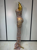 Women Lxury Diamonds Mesh See Through Long Dress Celebrity Elegant Evening Party Fancy Club Dress Singer Performance Costume