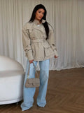 Women Oatmeal Soft Suede Stand Collar Snap Button Pocket Jackets Long Sleeve Coats Autumn Daily Office Party Chic Outerwear 2026
