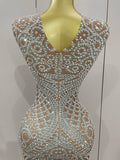 Women Sparkly Rhinestone Feathers Sleeveless O Neck Bodycon Long Dress Wedding Guest Gowns Luxury Birthday Evening Party Dress