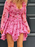 Printing Temperament Mesh Dress for Women Square Collar Long Sleeve Spliced Ruffles Edge Mini Dresses Female Style