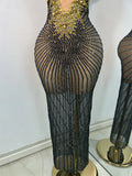 Sparkly Rhinestones Gold Black Long Dress Women Evening Prom Birthday Gown Sexy Transparent Performance Costume Stage Wear