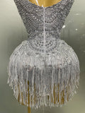 Sparkly Silver Rhinestones Pearl Tassels Bodysuit 2025 New Women Sexy Eveing Birthday Party Nightclub Stage Performance Costume